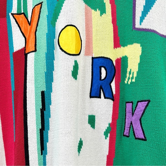 Vintage 1980s White Red Green New York  Colorblocked Mini Midi Sweater Dress - Picture 3 of 7